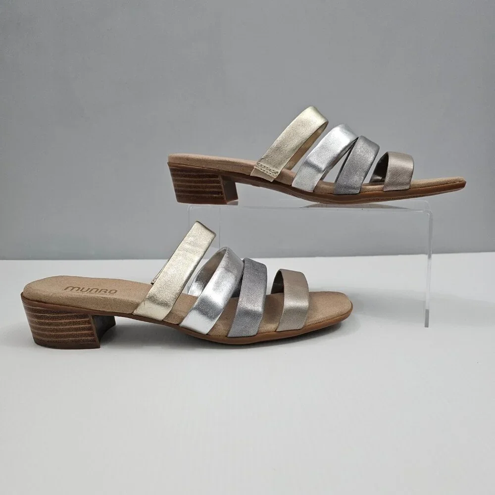 Munro Adrianne Metallic Strappy Sandal Womens 10 NARROW Taupe Leather Slide